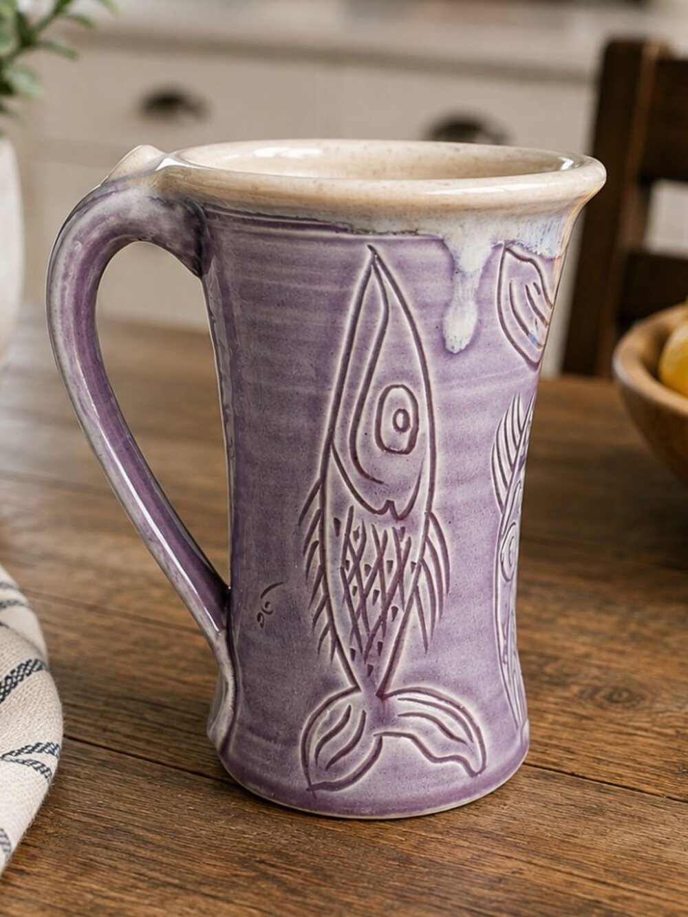 Handmade Purple Pottery Fish Mug Signed Studio Art Pottery 20oz 6"